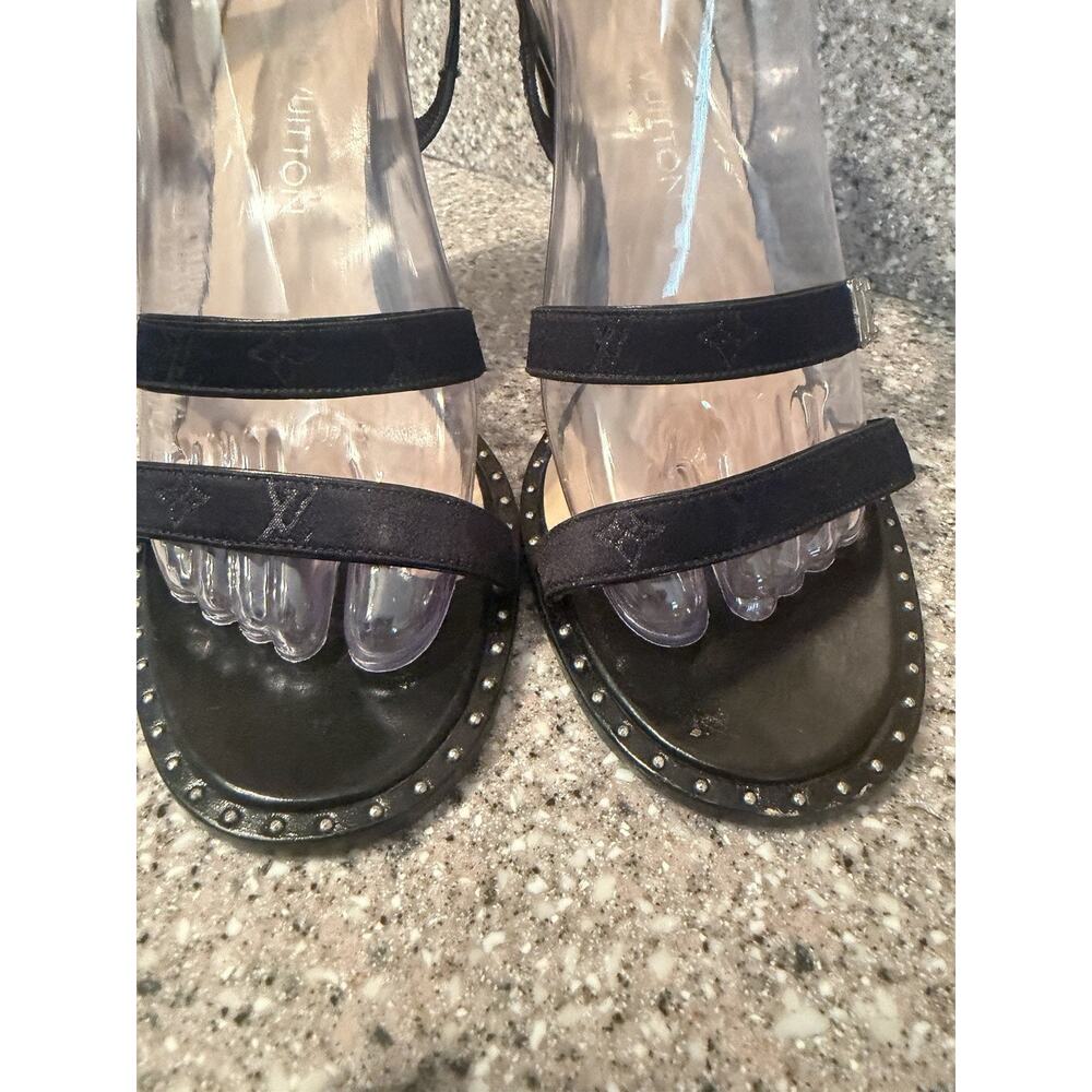 Louis Vuitton Strappy Monogram Satin Sparkle Leather Block Heel Sandals EU 39.5 - Picture 7 of 16